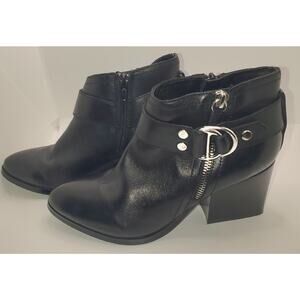 MARC FISHER Womens Black Leather Double Zip Buckle Harness Ankle Boots Size 7.5